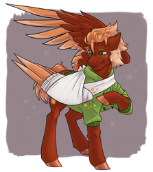 Size: 2176x2436 | Tagged: safe, artist:jeshh, oc, oc only, oc:golden flare, pegasus, pony, bandage, broken bone, broken wing, brown background, cast, clothes, colored hooves, freckles, high res, hoodie, injured, pain, ponified, sad, short tail, simple background, sling, solo, species swap, tail, unshorn fetlocks, wings