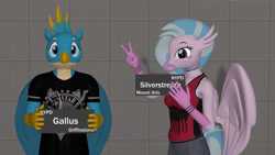 Size: 1192x670 | Tagged: dead source, safe, artist:php170, gallus, silverstream, classical hippogriff, griffon, hippogriff, anthro, g4, 3d, arrested, barbie, barbie (film), barbie mugshot meme, clothes, cute, diastreamies, duo, duo male and female, female, jail, looking at you, male, meme, mugshot, nexgen, ship:gallstream, shipping, shirt, smiling, smiling at you, source filmmaker, straight, t-shirt, this will end well, wings