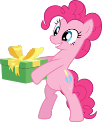 Size: 2000x2393 | Tagged: safe, artist:shutterflyyay, pinkie pie, earth pony, pony, a friend in deed, g4, .svg available, april fools, belly, bipedal, high res, present, ribbon, simple background, smiling, solo, standing on two hooves, transparent background, vector