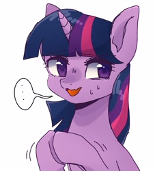 Size: 1451x1599 | Tagged: safe, artist:namaenonaipony, twilight sparkle, pony, unicorn, g4, ..., bust, female, hooves together, mare, nervous, nervous smile, open mouth, open smile, simple background, smiling, solo, speech bubble, sweat, unicorn twilight, white background