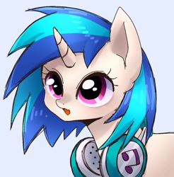 Size: 971x988 | Tagged: safe, alternate version, artist:namaenonaipony, dj pon-3, vinyl scratch, pony, unicorn, g4, blue background, bust, cute, female, headphones, headphones around neck, horn, mare, missing accessory, no glasses, open mouth, open smile, simple background, smiling, solo, vinylbetes