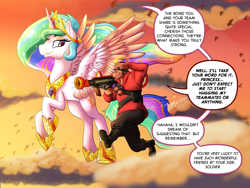 Size: 4000x3000 | Tagged: safe, artist:lycantrin, princess celestia, alicorn, bird, human, pony, g4, cloud, cloudy, colored wings, colored wingtips, crossover, duo, eyebrows, female, flying, grenade, halo, height difference, helmet, high res, jewelry, jumping, looking at each other, looking at someone, male, mare, off model, raised eyebrow, regalia, rocket jumper, rocket launcher, salute, smiling, smiling at each other, smoke, soldier, soldier (tf2), speech bubble, spread wings, sunset, team fortress 2, weapon, wholesome, wingding eyes, wings