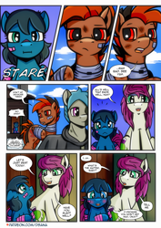 Size: 2480x3508 | Tagged: safe, artist:dsana, oc, oc only, oc:fireweed, oc:lullaby dusk, oc:rust wing, oc:thistledown, earth pony, pegasus, pony, comic:a storm's lullaby, bandage, bandaid, blushing, comic, dialogue, female, filly, foal, heterochromia, high res, male, mare, speech bubble, stallion