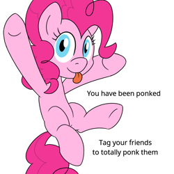 Size: 900x900 | Tagged: safe, artist:unitxxvii, pinkie pie, earth pony, pony, g4, looking at you, missing cutie mark, ponk, simple background, smiling, smiling at you, solo, tongue out, underhoof, white background