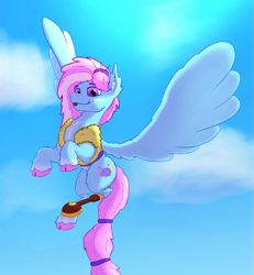 Size: 827x896 | Tagged: safe, artist:gosha305, kerfuffle, pegasus, pony, g4, :p, amputee, clothes, ear fluff, female, flying, full body, hooves, looking at you, mare, prosthetic leg, prosthetic limb, prosthetics, sky background, solo, spread wings, tongue out, unshorn fetlocks, wings