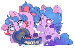 Size: 4867x3175 | Tagged: safe, artist:cutepencilcase, buttons (g1), izzy moonbow, pony, unicorn, g1, g4, g5, button, cute, duo, female, g1 buttonbetes, g1 to g4, g5 to g4, generation leap, izzybetes, mare, pincushion, scissors, simple background, starry eyes, thread, transparent background, wingding eyes