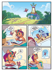 Size: 768x1024 | Tagged: safe, idw, official comic, argyle starshine, sunny starscout, butterfly, earth pony, pony, g5, idw endless summer—my little pony, official, spoiler:comic, spoiler:g5, spoiler:g5comic, comic, female, male, mane stripe sunny, mare, stallion, unshorn fetlocks