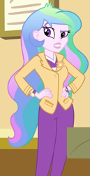 Size: 311x603 | Tagged: safe, screencap, princess celestia, principal celestia, human, equestria girls, g4, my little pony equestria girls, blazer, bracelet, celestia's office, clothes, confused, cropped, cutie mark accessory, drawer, eyebrows, female, hand on hip, jewelry, lipstick, looking over, pants, pin, raised eyebrow, shirt, solo, teeth, watch, wristwatch