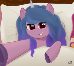 Size: 2700x2400 | Tagged: safe, artist:_cobalttuelatte, izzy moonbow, sunny starscout, earth pony, pony, unicorn, g5, bed, bed hair, cute, female, high res, implied sunny starscout, izzybetes, pillow, selfie, smiling, unshorn fetlocks