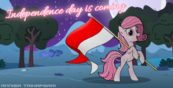 Size: 1024x521 | Tagged: safe, artist:muhammad yunus, oc, oc only, oc:annisa trihapsari, earth pony, pony, g4, bipedal, cute, earth pony oc, flag, happy, heart, indonesia, moon, mountain, night, ocbetes, open mouth, open smile, redesign, signature, simple background, smiling, solo