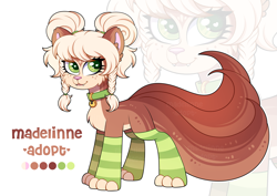 Size: 4093x2894 | Tagged: safe, artist:madelinne, oc, cat, cat pony, original species, adoptable, adoptable open, adoption, bell, bell collar, braid, cheek fluff, chest fluff, clothes, collar, colored pinnae, green eyes, heart, heart eyes, looking at you, multiple tails, pale belly, paws, simple background, socks, solo, standing, striped socks, tail, white background, wingding eyes, zoom layer
