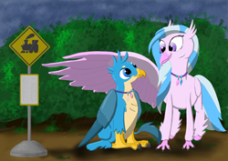 Size: 3508x2480 | Tagged: safe, artist:jack-varus, gallus, silverstream, classical hippogriff, griffon, hippogriff, g4, female, high res, male, my neighbor totoro, older, older gallus, older silverstream, rain, ship:gallstream, shipping, sign, size difference, straight, wet, wet mane, wing umbrella, wings