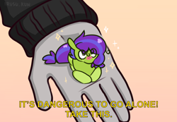 Size: 1904x1321 | Tagged: safe, artist:lrusu, oc, oc:susiestew, earth pony, pony, commission, hand, in goliath's palm, it's dangerous to go alone, size difference, solo focus, ych result