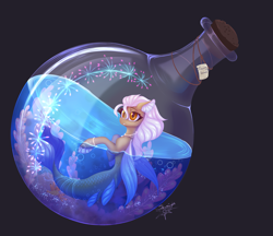 Size: 5100x4400 | Tagged: safe, artist:jsunlight, oc, oc only, oc:flowing sands, seapony (g4), big eyes, bottle, bubble, concave belly, coral, cork, digital art, dorsal fin, female, fin, fin wings, fins, fish tail, floppy ears, flowing tail, gray background, jewelry, mare, necklace, pearl necklace, scales, seaweed, signature, simple background, solo, swimming, tail, underwater, water, wings
