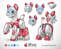 Size: 4454x3630 | Tagged: safe, artist:selenophile, oc, oc only, pony, robot, robot pony, :p, adoptable, apple, butt, classic mac os, food, imac, lidded eyes, looking at you, looking back, mac os, mac os 8, macintosh (computer), open mouth, plot, ponified, rear panel, rear port, reference sheet, simple background, smiling, solo, tongue out, underhoof, white background