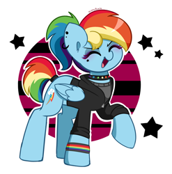 Size: 3092x3134 | Tagged: safe, artist:kittyrosie, rainbow dash, pegasus, pony, g4, alternate hairstyle, alternate tailstyle, clothes, collar, ear piercing, earring, eyes closed, eyeshadow, female, folded wings, goth, happy, high res, hoodie, jewelry, makeup, mare, open mouth, open smile, piercing, ponytail, raised hoof, simple background, smiling, solo, tail, white background, wings