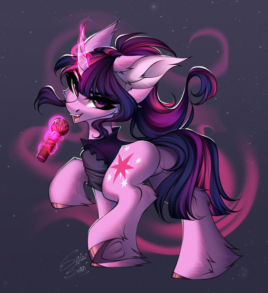 [alternate hairstyle,butt,clothes,cute,fangs,featureless crotch,horn,levitation,looking at you,looking back,magic,magic aura,microphone,open mouth,plot,pony,ponytail,safe,shirt,simple background,singing,solo,telekinesis,twilight sparkle,unicorn,unshorn fetlocks,hoof polish,cute little fangs,ear fluff,big ears,colored hooves,looking back at you,cheek fluff,curved horn,unicorn twilight,ear tufts,purple background,leg fluff,artist:shinoshai]