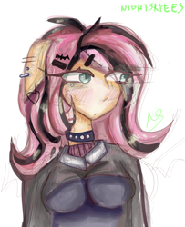 Size: 3000x3700 | Tagged: safe, artist:nightskyees, fluttershy, bat, human, equestria girls, g4, breasts, choker, ear piercing, earring, emo, emoshy, hairclip, high res, humanized, jewelry, piercing, pony ears, shading, simple background, solo, white background