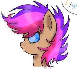 Size: 1982x1821 | Tagged: artist needed, safe, pegasus, pony, beige fur, blue eyes, bust, female, magical lesbian spawn, multicolored hair, multicolored mane, offspring, parent:rainbow dash, parent:scootaloo, parents:scootadash, simple background, solo, white background
