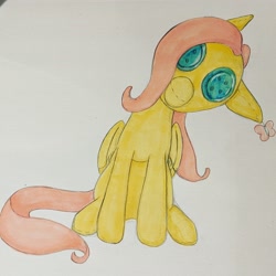 Size: 3072x3072 | Tagged: safe, artist:lawliet13, fluttershy, pegasus, pony, g4, creepy, drawing, high res, plushie, sketch, solo, traditional art