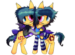 Size: 7500x5500 | Tagged: safe, artist:cactuscruncher, derpibooru exclusive, oc, oc only, oc:ashley face, oc:chelsea smile, bat pony, pony, undead, absurd resolution, bat pony oc, bat wings, bipedal, bipedal leaning, blue eyes, blue mane, blushing, bow, brothers, chest fluff, clothes, duo, duo male, dyed mane, dyed tail, ear fluff, emo, fangs, folded wings, gloves, heterochromia, hock fluff, hug, jacket, leaning, lidded eyes, looking at each other, looking at someone, male, purple wings, red eyes, shirt, short tail, siblings, simple background, slit pupils, small wings, smiling, spread wings, stallion, standing, stitches, tail, tail bow, tail wrap, transparent background, twins, two toned hair, wings, yellow coat