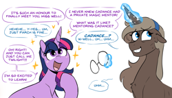 Size: 1294x738 | Tagged: safe, artist:redxbacon, twilight sparkle, oc, oc:parch well, pony, unicorn, comic:parch's new student, g4, :d, blue eyes, blush lines, blushing, chest fluff, cute, dialogue, duo, ears back, glasses, height difference, levitation, magic, magic aura, nervous, nervous smile, nervous sweat, open mouth, open smile, purple eyes, ribs, simple background, smiling, sparkles, speech, speech bubble, sweat, sweatdrop, talking, telekinesis, twiabetes, unicorn twilight, white background
