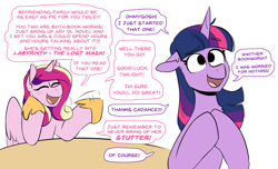 Size: 1303x793 | Tagged: safe, artist:redxbacon, princess cadance, twilight sparkle, alicorn, pony, unicorn, comic:parch's new student, g4, bibliophile, blush lines, blushing, bookworm, chest fluff, dialogue, duo, ears back, eyes closed, floppy ears, hoof shoes, hooves together, implied oc, implied parch well, leaning on table, open mouth, simple background, sisters-in-law, smiling, speech, speech bubble, table, talking, unicorn twilight, waving, white background