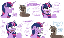 Size: 1498x880 | Tagged: safe, artist:redxbacon, twilight sparkle, oc, oc:parch well, pony, unicorn, comic:parch's new student, g4, blank eyes, crying, dialogue, duo, ears back, glasses, hairband, implied princess cadance, nervous, question mark, simple background, speech, speech bubble, stuttering, sweat, sweatdrop, talking, text, unicorn twilight, white background