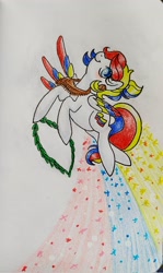 Size: 1217x2048 | Tagged: safe, artist:mintytreble, oc, oc:camila, pegasus, pony, colombia, colored wings, colored wingtips, female, flag, nation ponies, ponified, simple background, traditional art, white background, wings