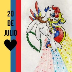 Size: 1080x1080 | Tagged: safe, artist:mintytreble, oc, oc:camila, pegasus, pony, colombia, colored wings, colored wingtips, female, flag, independence day, nation ponies, ponified, spanish, traditional art, wings