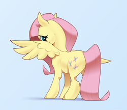 Size: 2820x2435 | Tagged: safe, artist:aquaticvibes, fluttershy, pegasus, pony, g4, aside glance, butt, cute, daaaaaaaaaaaw, female, high res, looking at you, looking back, looking back at you, mare, plot, rear view, shyabetes, simple background, solo, spread wings, standing, wings