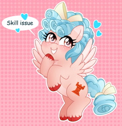 Size: 1835x1901 | Tagged: safe, artist:emera33, cozy glow, pegasus, pony, g4, bow, cozybetes, cute, female, filly, flying, foal, freckles, hair bow, heart, heart eyes, hoof on chin, pink background, simple background, smiling, solo, text, unshorn fetlocks, wingding eyes