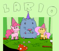 Size: 651x561 | Tagged: safe, artist:gravity1037, fluttershy, pinkie pie, earth pony, pegasus, pony, rat, g4, brick the rat, crossover, hat, lario, meme, party hat, party horn, pizza tower