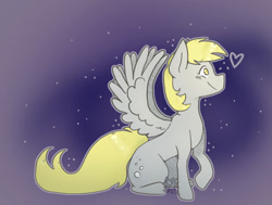 Size: 1224x924 | Tagged: safe, artist:chillykitty, derpy hooves, pegasus, pony, g4, abstract background, heart, side view, smiling, solo, stars