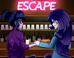 Size: 1900x1500 | Tagged: safe, artist:nekojackun, rarity, sci-twi, twilight sparkle, human, equestria girls, g4, alcohol, alternate hairstyle, bar, beer, blushing, bowl, clothes, coat, coffee, commission, cup, duo, eyeshadow, fanfic art, female, food, french fries, glasses, grin, holding hands, lesbian, looking at each other, looking at someone, makeup, pants, ship:rarilight, shipping, smiling, wine