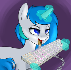 Size: 2069x2042 | Tagged: safe, artist:dumbwoofer, oc, oc:compushka, pony, unicorn, drool, female, high res, keyboard, licking, magic, magic aura, mare, open mouth, rgb, simple background, solo, telekinesis, tongue out