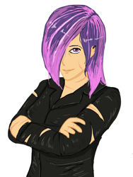 Size: 750x1000 | Tagged: safe, artist:glue123, oc, oc:dawn, oc:dawn (project horizons), human, fallout equestria, fallout equestria: project horizons, clothes, fanfic art, female, humanized, looking at you, mature, milf, pink hair, scar, simple background, solo, torn clothes, white background