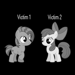 Size: 1182x1182 | Tagged: safe, apple bloom, babs seed, earth pony, pony, g4, black and white, cousins, female, filly, foal, gray, grayscale, imminent death, monochrome, simple background, text, the mandela catalogue