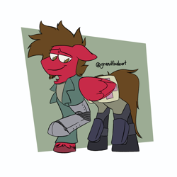 Size: 2000x2000 | Tagged: safe, artist:grandfinaleart, oc, oc only, oc:grand finale, pegasus, pony, fallout equestria, amputee, boots, brown eyes, brown hair, brown mane, brown tail, chest fluff, clothes, digital art, facial hair, folded wings, goatee, high res, jacket, male, medkit, pegasus oc, prosthetic leg, prosthetic limb, prosthetics, red fur, shoes, simple background, smiling, solo, stallion, stallion oc, tail, unshorn fetlocks, wings