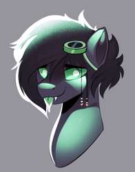 Size: 538x687 | Tagged: safe, artist:poxy_boxy, oc, oc only, oc:korroki, cyber pony, pony, bust, gray background, simple background, tongue out