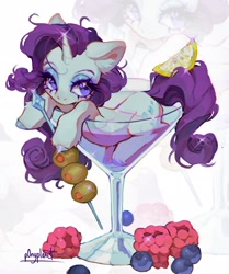 Size: 1712x2048 | Tagged: safe, artist:p0nyplanet, rarity, pony, unicorn, g4, cup, cup of pony, female, food, lemon slice, lying down, mare, martini glass, micro, olive, prone, raspberry (food), solo, zoom layer