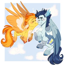 Size: 1124x1137 | Tagged: safe, artist:wanderingpegasus, soarin', spitfire, pegasus, pony, g4, blushing, cheek kiss, chest fluff, colored wings, duo, duo male and female, eyes closed, female, kissing, leg fluff, male, mare, ship:soarinfire, shipping, stallion, straight, unshorn fetlocks, wing ears, wings