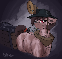 Size: 1266x1213 | Tagged: safe, artist:reddthebat, oc, oc only, oc:number nine, earth pony, pony, cart, cigarette, coal, female, headlamp, helmet, horse collar, lidded eyes, looking at you, mare, mining helmet, signature, solo