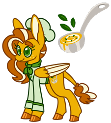 Size: 950x1050 | Tagged: safe, artist:missmagicalgirl, oc, oc only, oc:butternut simmer, hybrid, mule, pegamule, pony, chef outfit, chef's hat, colored hooves, colored wings, cutie mark, female, food, freckles, hat, ladle, mare, simple background, solo, soup, thick eyebrows, trans female, transgender, transparent background, wings