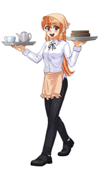 Size: 1638x2673 | Tagged: safe, artist:dalsegno, oc, oc only, oc:mandarine mélange, human, equestria girls, g4, cup, female, serving tray, simple background, smiling, solo, teacup, teapot, white background