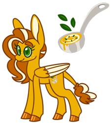 Size: 950x1050 | Tagged: safe, artist:missmagicalgirl, oc, oc only, oc:butternut simmer, hybrid, mule, pegamule, pony, colored hooves, colored wings, cutie mark, female, food, freckles, ladle, mare, simple background, solo, soup, thick eyebrows, trans female, transgender, transparent background, wings