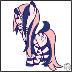Size: 2000x2000 | Tagged: safe, artist:dice-warwick, oc, oc only, oc:pecan harvester, hybrid, original species, pony, waste pony, zony, fallout equestria, female, glowing, glowing eyes, hair over one eye, high res, simple background, solo, stripes, tail, transparent background
