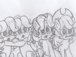 Size: 1920x1440 | Tagged: safe, artist:taylerthecartoonboy2001, applejack, fluttershy, pinkie pie, rarity, g4, 60s, scared, sketch, terrified