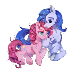 Size: 1126x1126 | Tagged: safe, pinkie pie, oc, oc:ray frok, earth pony, pony, g4, alternate hairstyle, canon x oc, simple background, transparent background