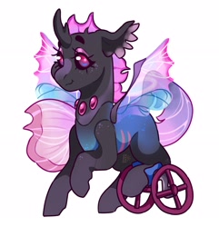 Size: 3000x3116 | Tagged: safe, artist:cocopudu, oc, oc only, oc:argot allophias, changeling, changeling oc, commission, disabled, high res, pink changeling, simple background, smiling, solo, wheelchair, white background